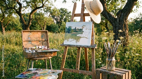 Outdoor painting setup with easel, art supplies, and straw hat  