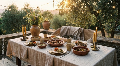 Elegant outdoor dining table set for a meal during sunset  