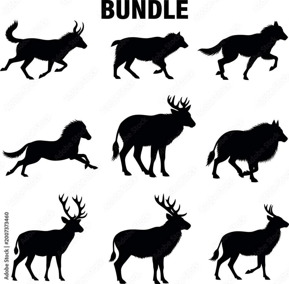 Obraz premium Bundle of wildlife animal silhouettes including deer and horse with silhouette