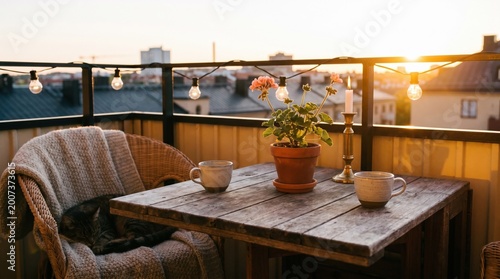 Cozy balcony with potted plant and cups at sunset  
