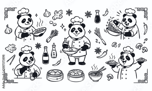 Fotografie Vector doodle set of panda chef mascots with Chinese cuisine elements and kitchen tools