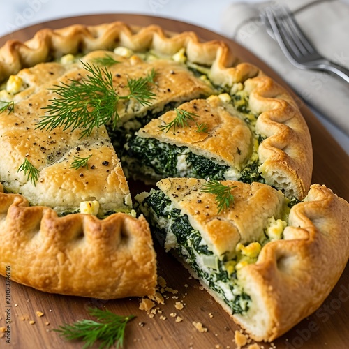 Delicious Spinach and Feta Pie with Fresh Dill Garnish.