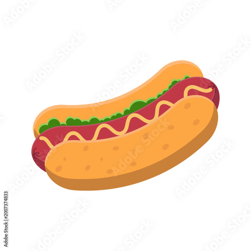 Quadro em tela Classic cartoon hot dog with mustard and relish in a bun, isolated on a white background, representing a popular fast food snack