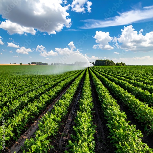 Lush green crop rows watered by sprinklers under a blue sky