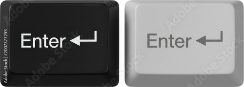 Two computer keyboard Enter keys one black with white lettering and the other light gray with dark gray lettering are displayed side by side technology input button hardware