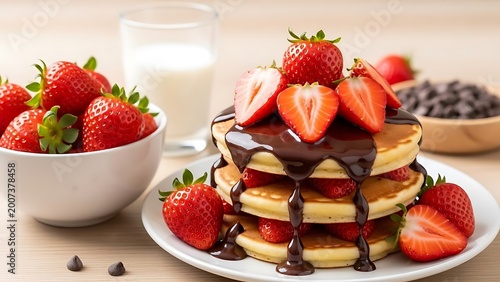 Delicious Stack of Pancakes with Fresh Strawberries and Chocolate Syrup.
