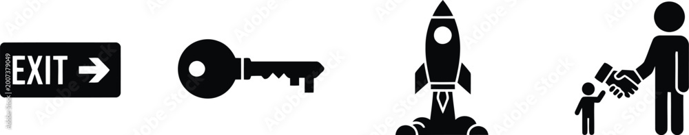 Fototapeta premium Black icons of exit sign, key, rocket and handshake