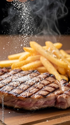 Delicious Steak and Fries Meal Being Seasoned.