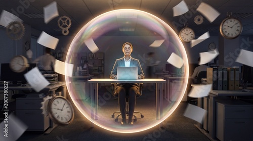 Worker in Peaceful Transparent Bubble Amidst Chaotic Office
