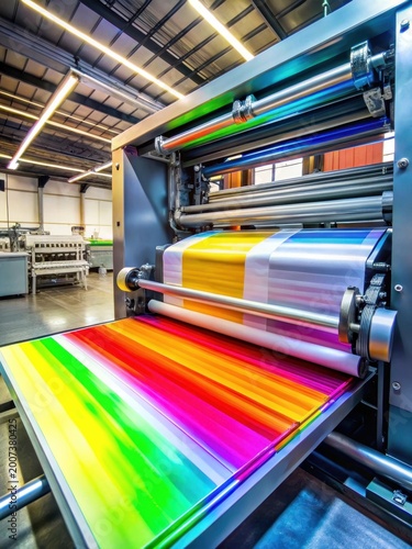 Modern printing machine with colorful sheets of paper