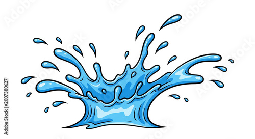 Dynamic blue water splash frozen in motion with droplets flying outwards.