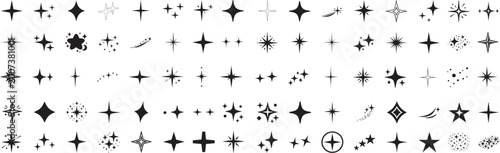 Foto Stars and sparkle icons with shining shapes plus minimal bin set for clean design, trash and recycle use