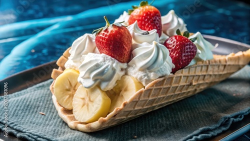 Creamy banana split dessert with strawberries and whipped cream on a waffle cone
