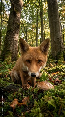 Fox in a forest with moss and mushrooms
