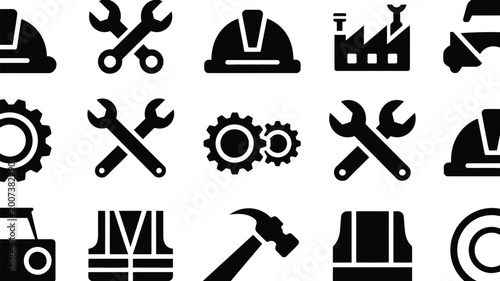 Vector icons of construction tools and industrial safety equipment on white background for engineering and manufacturing concepts