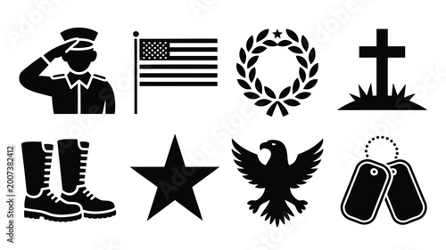 Foto Memorial day icons set including soldier saluting american flag laurel wreath cr