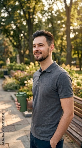 Man holding a reusable coffee cup in a park