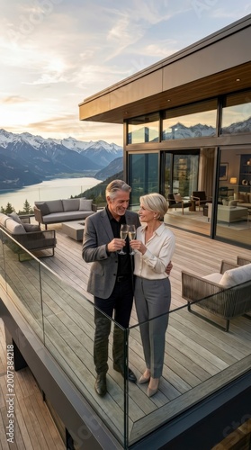 Couple toasting champagne on a modern balcony with mountain view