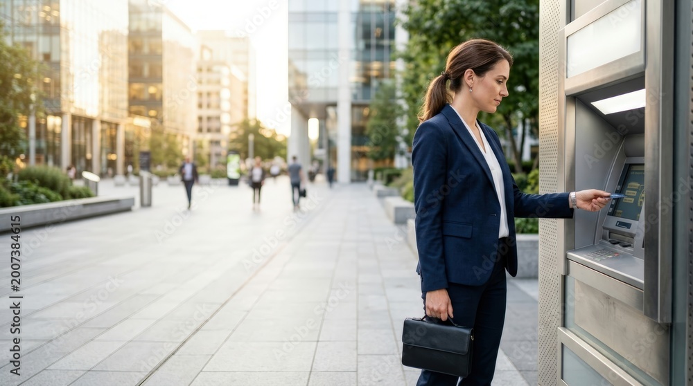 Fototapeta premium Corporate Lawyer Using Generic Atm Sleek Downtown Plaza