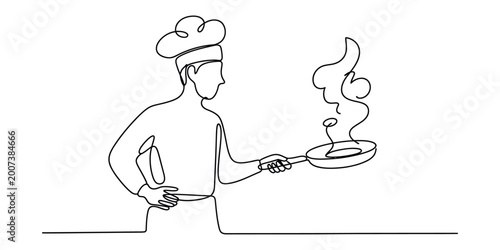 Slika na platnu Continuous line drawing of a chef cooking food in a frying pan