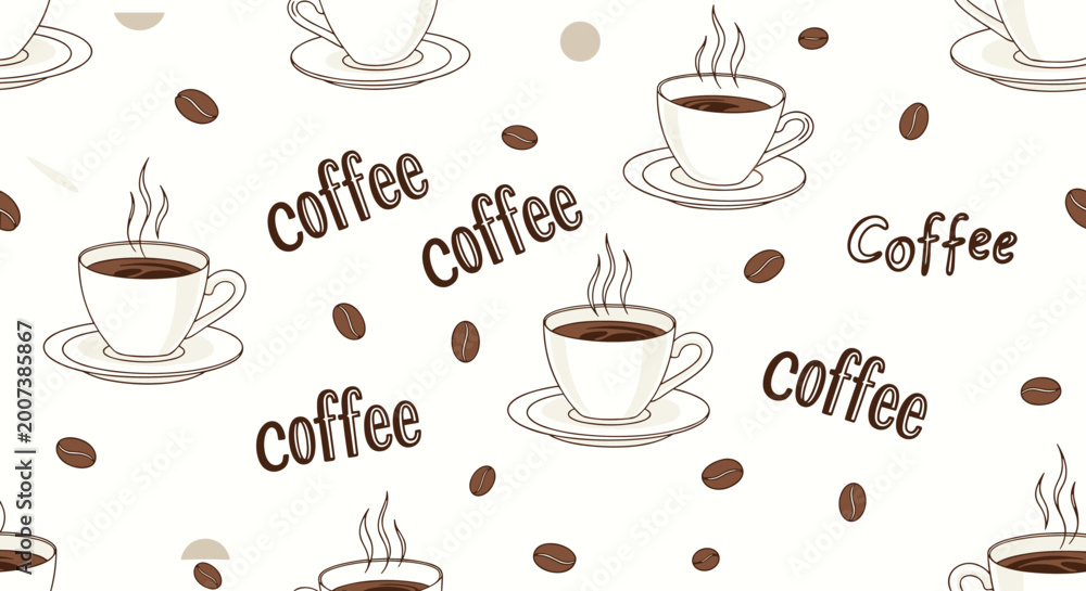 Obraz premium Seamless pattern with coffee cups on saucers scattered coffee beans and handwritten text for cafe theme decoration.