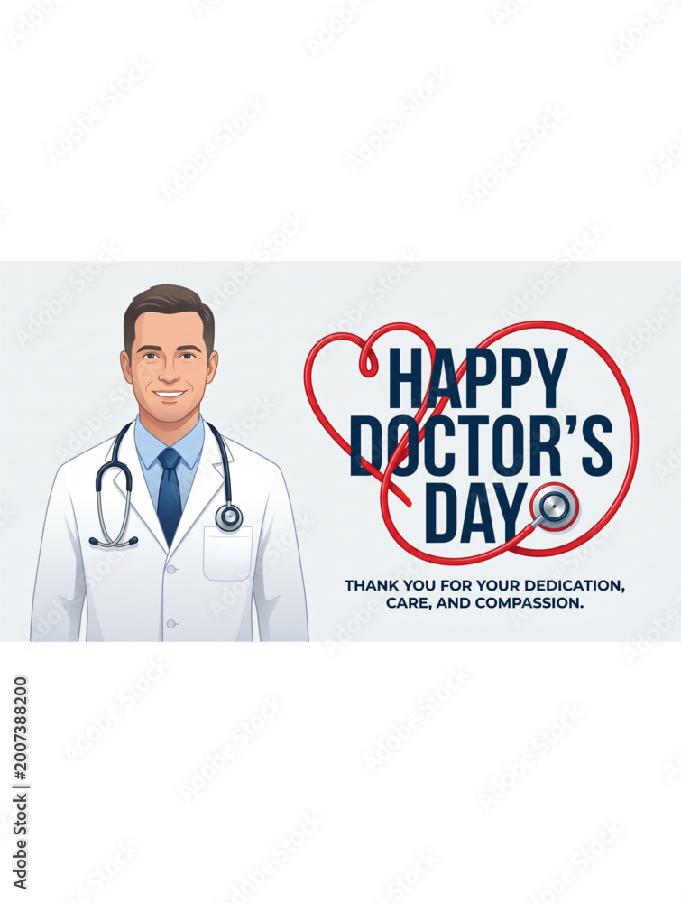 Fototapeta premium Doctors day healthcare greeting design with male doctor portrait and heartbeat heart line symbol expressing care dedication and medical service for banner poster background concept