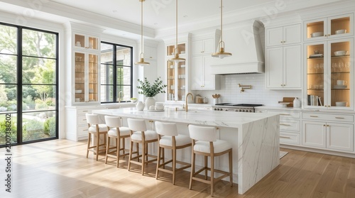 Modern luxury kitchen interior design featuring a snow white minimalistic style with a large island and bar stools.