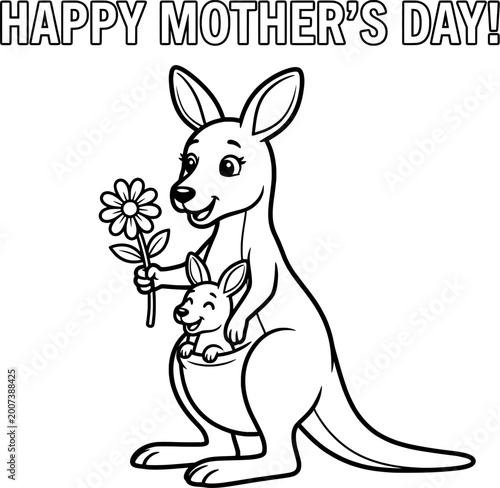 Kangaroo and baby joey coloring page Mother's Day vector