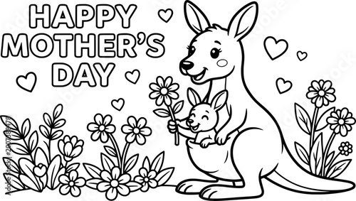 Foto Kangaroo and baby joey coloring page Mother's Day vector