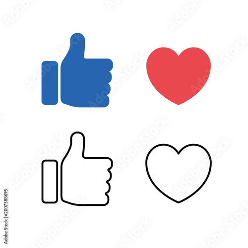 Like and Love Icons Set Thumb Up and Heart Symbol Vector Collection