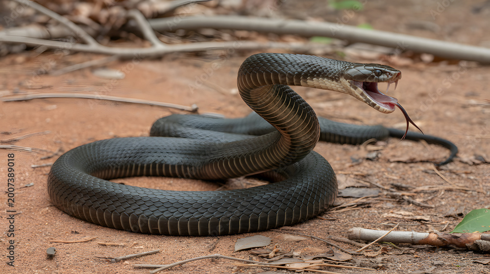 Obraz premium A venomous snake coiled on the ground with its mouth open in a threatening posture