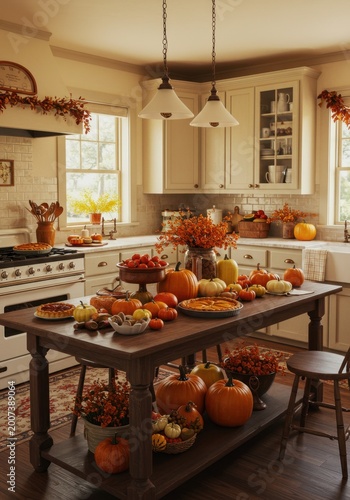 Rustic Autumn Kitchen Decor with Pumpkins and Pies