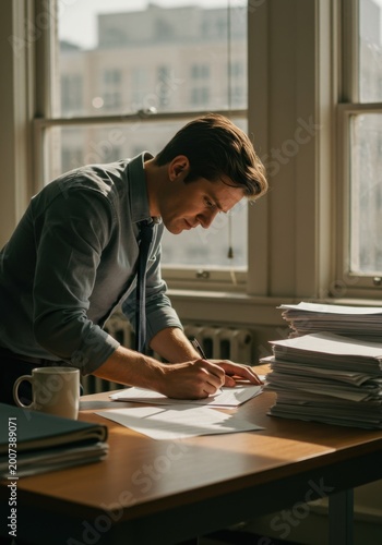 Focused Man in Blue Shirt Writing at Wooden Desk in Sunlit Office