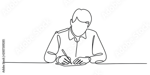 Continuous single line drawing of a man writing on a paper document