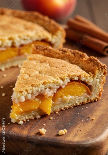 Golden Brown Peach Pie Slice on Wooden Board