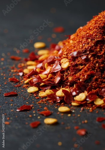 Red Chili Flakes and Powder on Dark Background