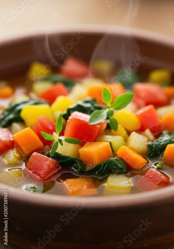 Steaming Vegetable Soup in Brown Bowl
