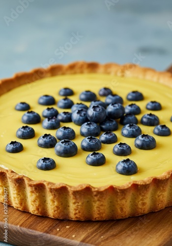 Yellow Lemon Tart Topped with Blueberries on Wooden Board