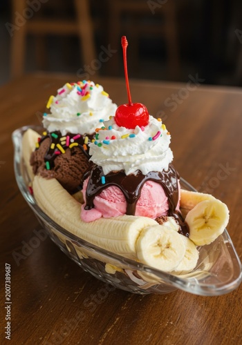 Delicious Banana Split with Chocolate and Strawberry Ice Cream