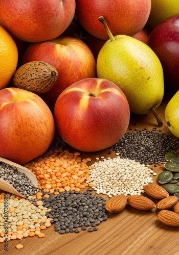 Colorful Assortment of Fresh Fruits and Grains on Wood