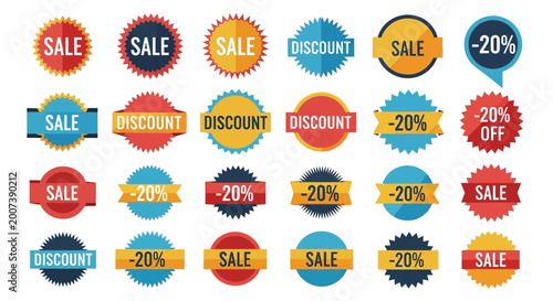 Collection of Sale and Discount Price Tags and Labels, 20% Off Offers