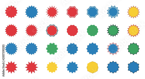 Colorful Starburst Shapes Collection - Red, Blue, Green, Yellow - Vector Icons