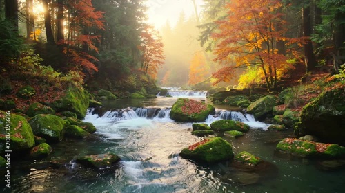 Peaceful autumn nature with clear river stream, maple trees and orange leaves foliage on the ground under golden sunlight