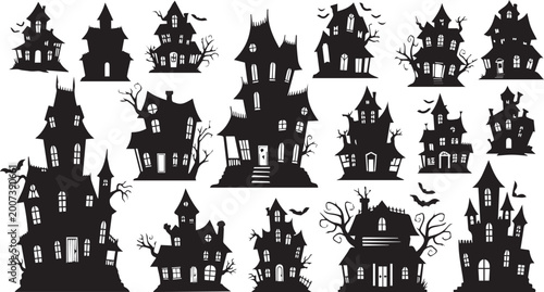 Konstfotografi Haunted House Silhouettes Halloween Mansion Vector Set