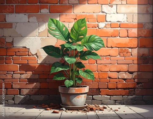 Lush green plant in a pot against a sunlit, weathered brick wall