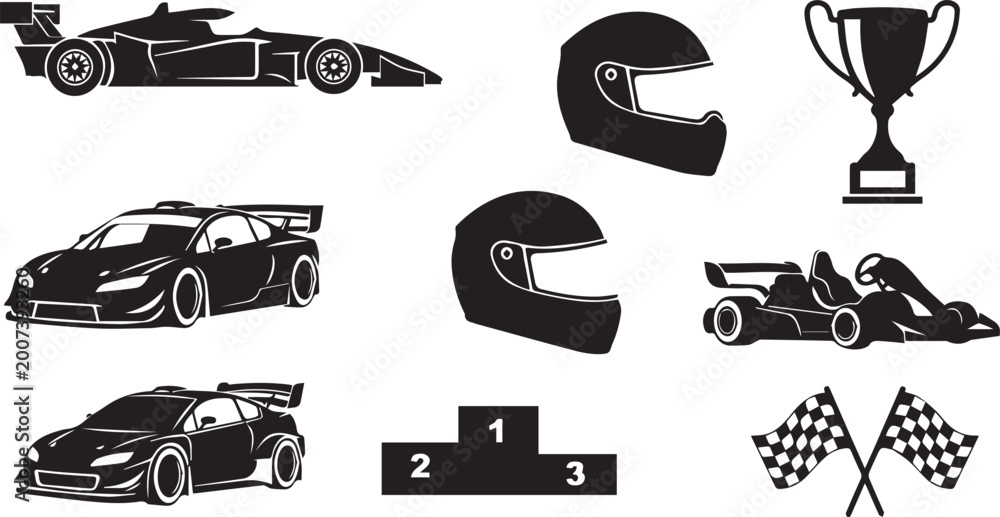 Fototapeta premium Racing and Motorsport Silhouette Icon Set