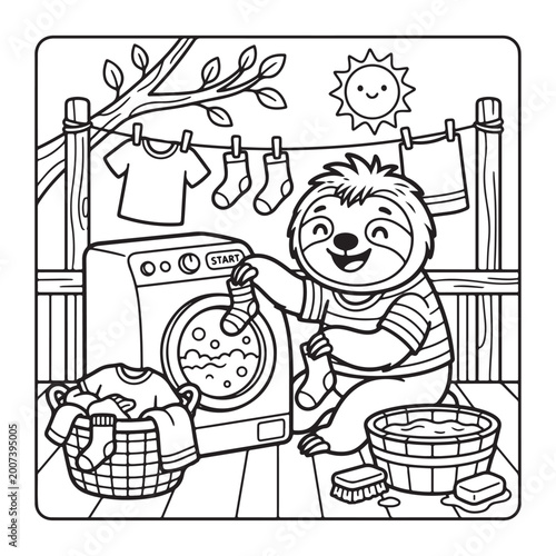 Cute sloth doing laundry coloring page for kids easy fun bold outline simple cartoon design