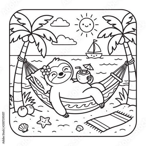 Cute sloth at beach relaxing coloring page for kids easy fun bold outline simple cartoon art