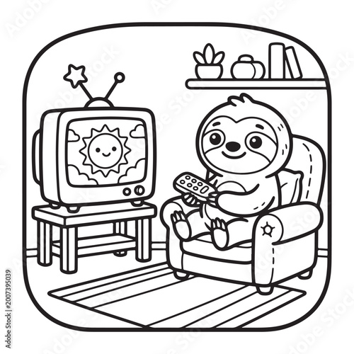 Cute sloth watching tv coloring page for kids easy fun bold outline simple cartoon design art