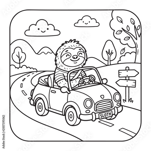 Cute sloth driving car coloring page for kids easy fun bold outline simple cartoon design art